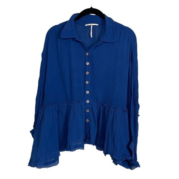 Free People Button Up Teal Blue Babydoll Oversized Shirt Size S Button‎ Up - Picture 1 of 6
